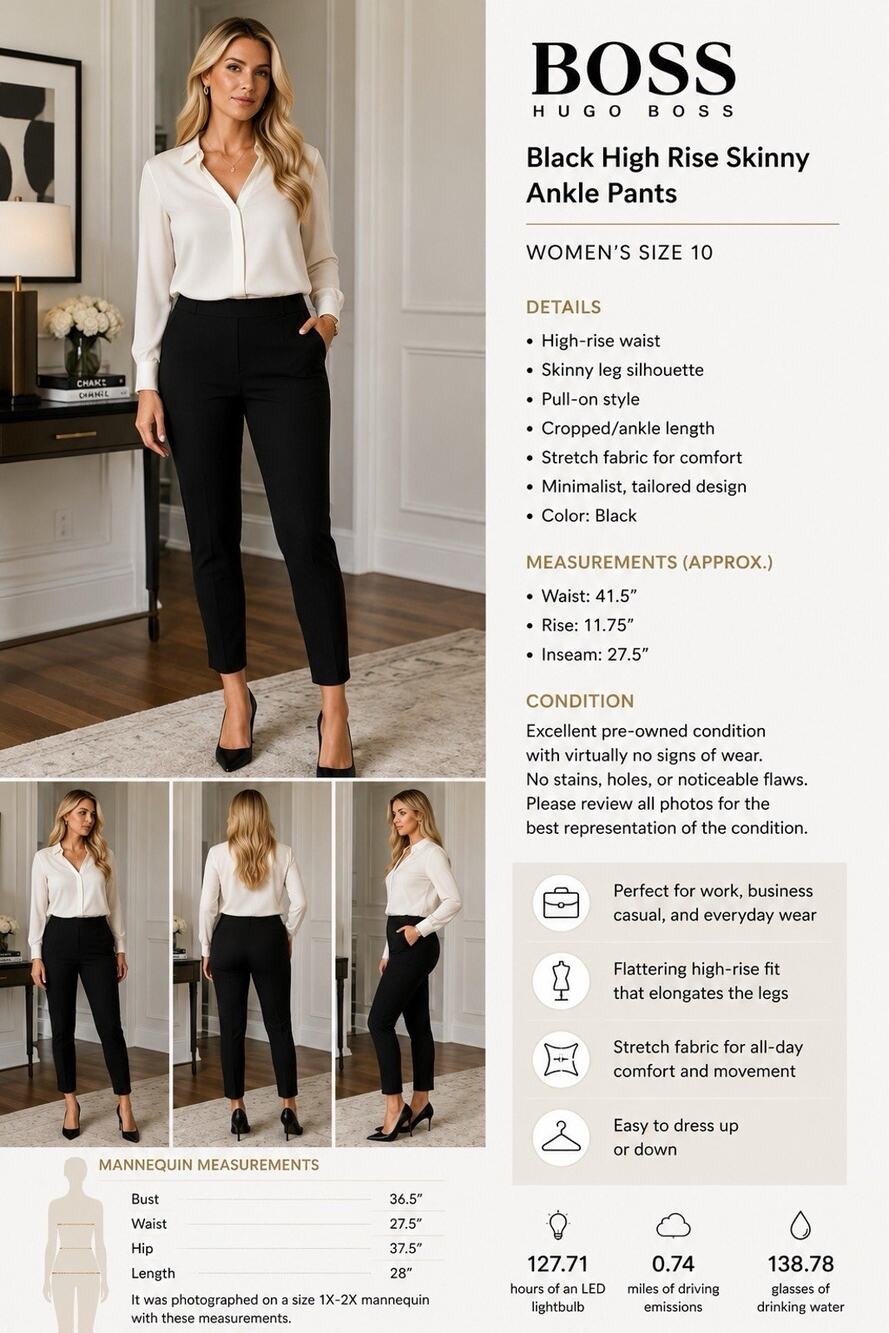 BOSS Black High Rise Skinny Ankle Pants Women’s Size 10 Stretch Pull On Work